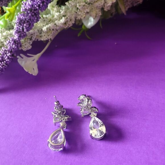 Clear White Diamond Drop Dangle Earrings on 925 Sterling Silver Women's - Picture 4 of 6